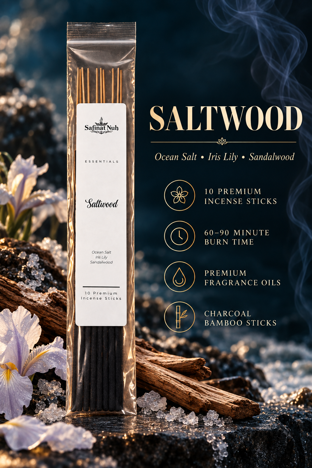 Saltwood incense sticks details: ocean salt, iris lily, sandalwood, ten sticks and 60 to 90 minute burn time