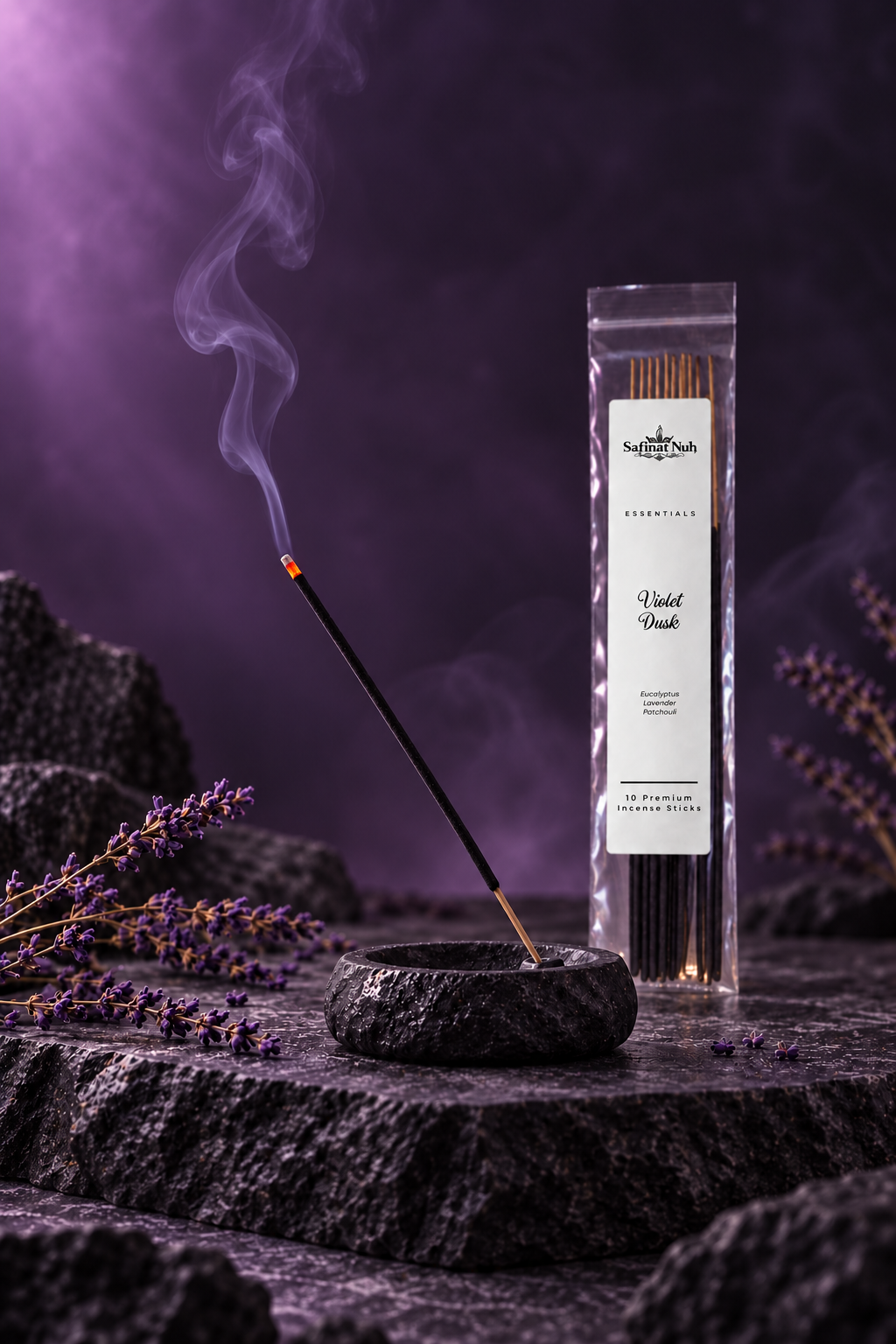 Violet Dusk incense burning beside the package