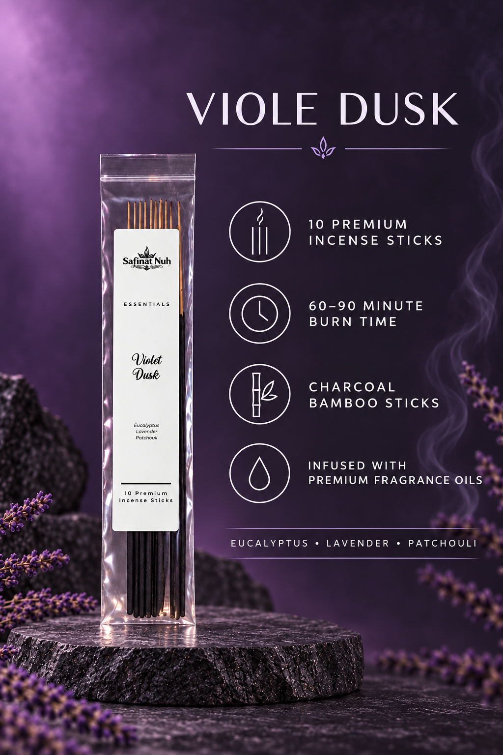 Violet Dusk incense product features and burn time
