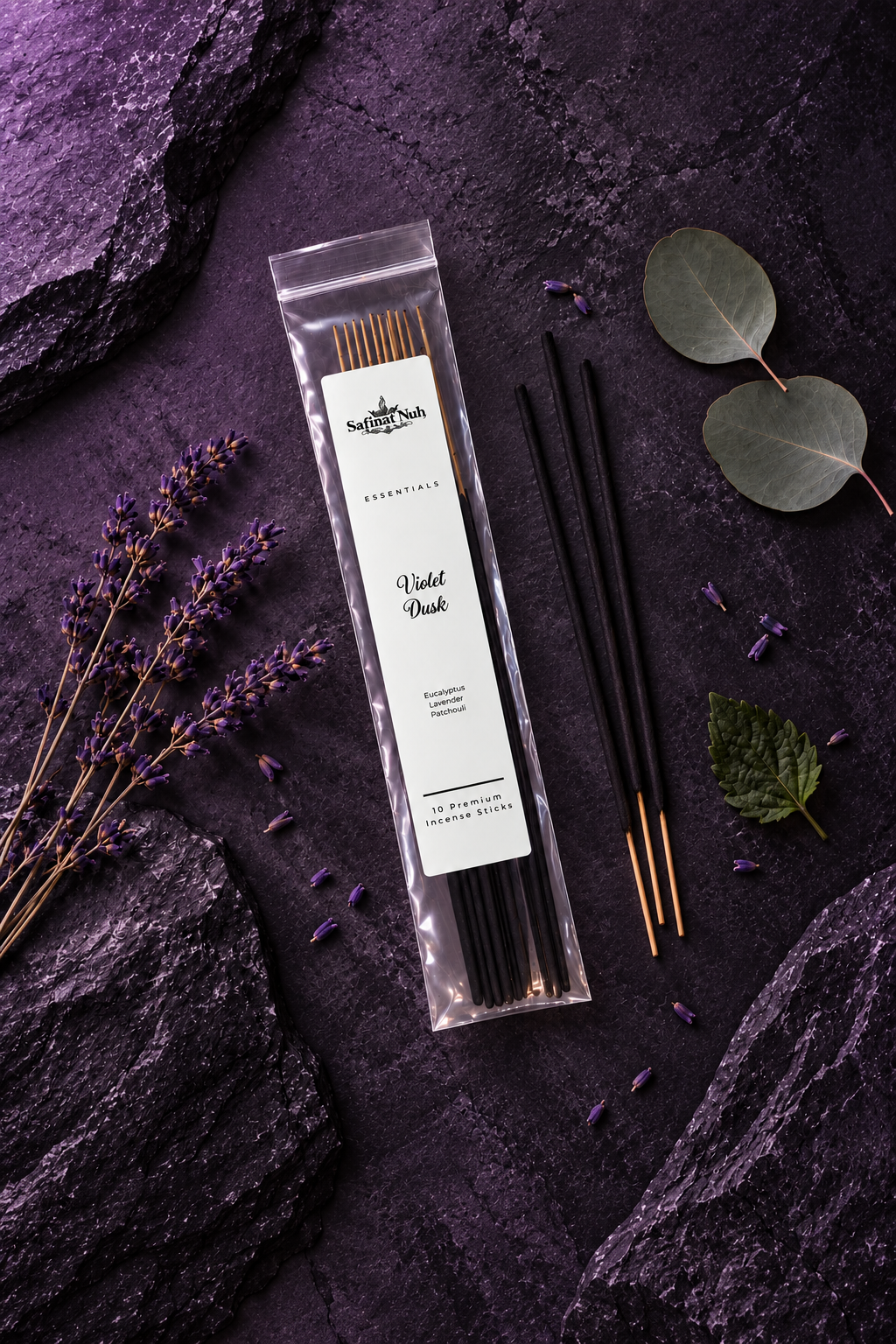 Violet Dusk incense flat lay with lavender eucalyptus and patchouli